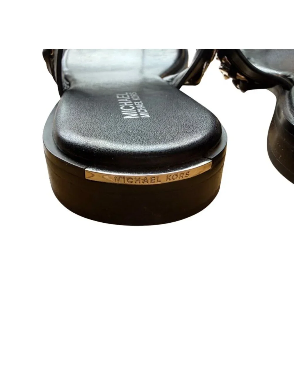 Michael Kors Bergen Women's Flat Slide Sandals 8.5 Black Leather Silver Chain